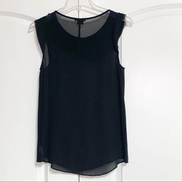 Theory Navy 100% Silk Black Lace Asymmetrical Ruffle Collar SLEEVELESS Top - Picture 6 of 15
